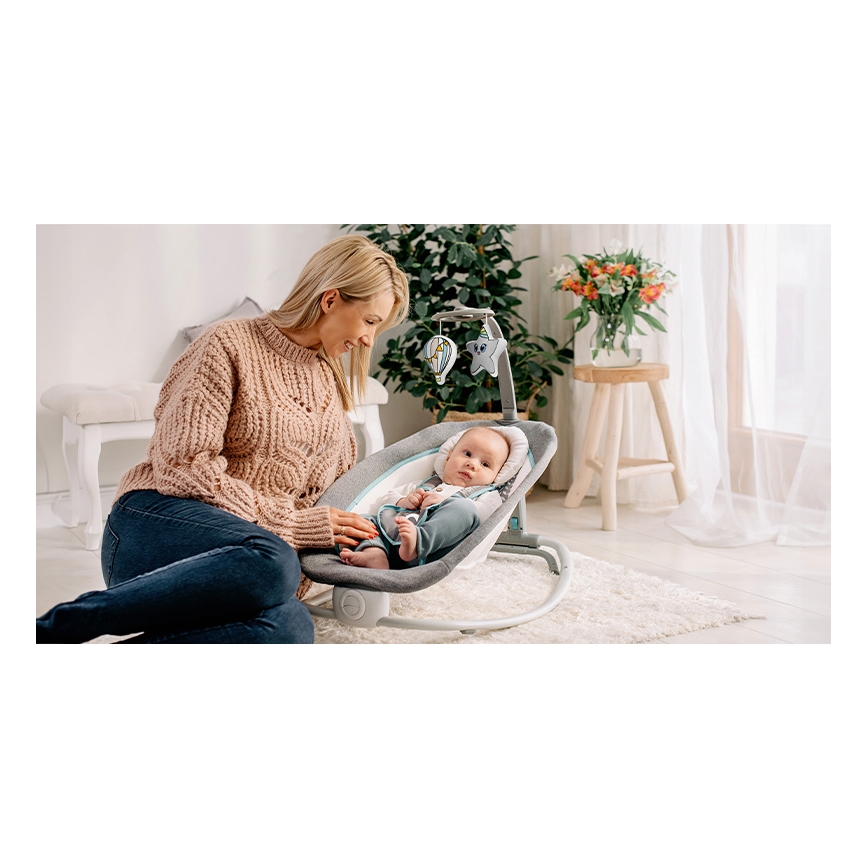 Lionelo - Balancín vibrador para bebés con melody PASCAL gris/turquesa