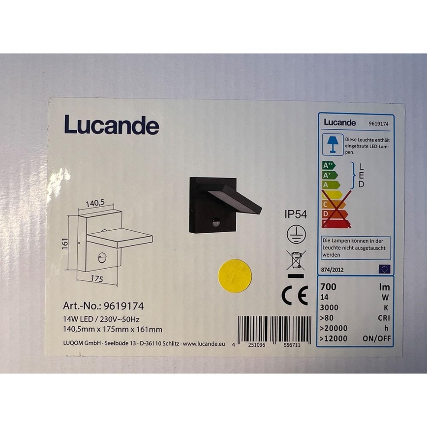 Lucande - Aplique LED de exterior con sensor SILVAN LED/14W/230V IP54
