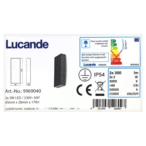 Lucande - Aplique LED de exterior CORDA 2xLED/3W/230V IP54