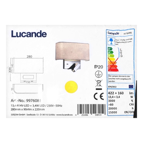 Lucande - Aplique LED VIRVE 1XLED/13,4W/230V + 1xLED/3,4W/230V