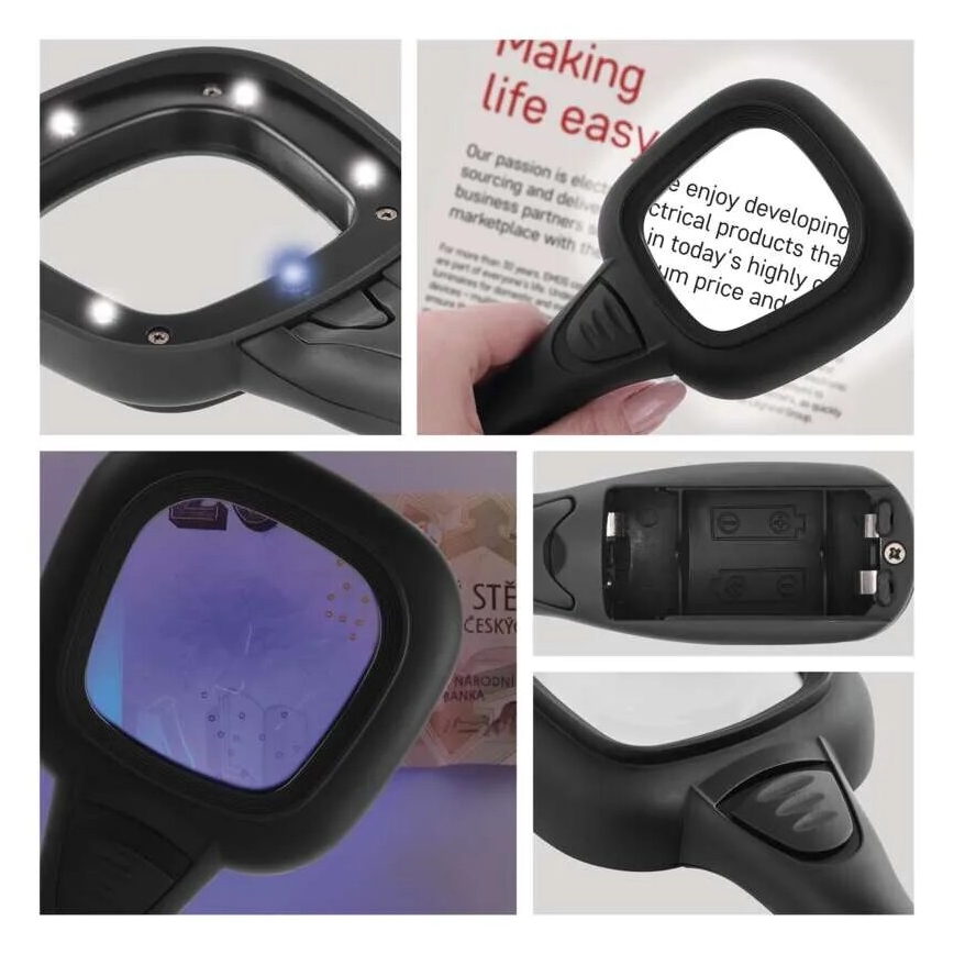 Lupa LED 2,5xZOOM con retroiluminación y luz UV LED/UV/2xAAA
