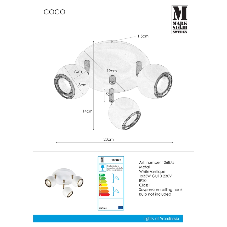 Markslöjd 106875 - Foco COCO 3xGU10/35W/230V blanco