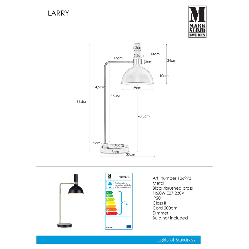 Markslöjd 106973 - Lámpara de mesa con dimmer LARRY 1xE27/60W/230V negro/oro