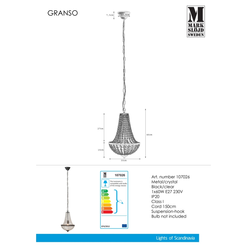 Markslöjd 107026 - Lámpara colgante de cristal GRÄNSÖ 1xE27/60W/230V
