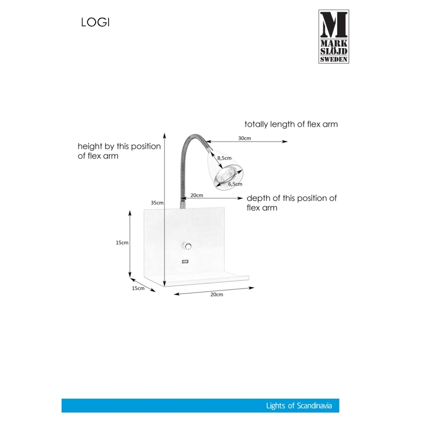 Markslöjd 107140 - Aplique regulable con toma USB LOGI 1xGU10/7W/230V