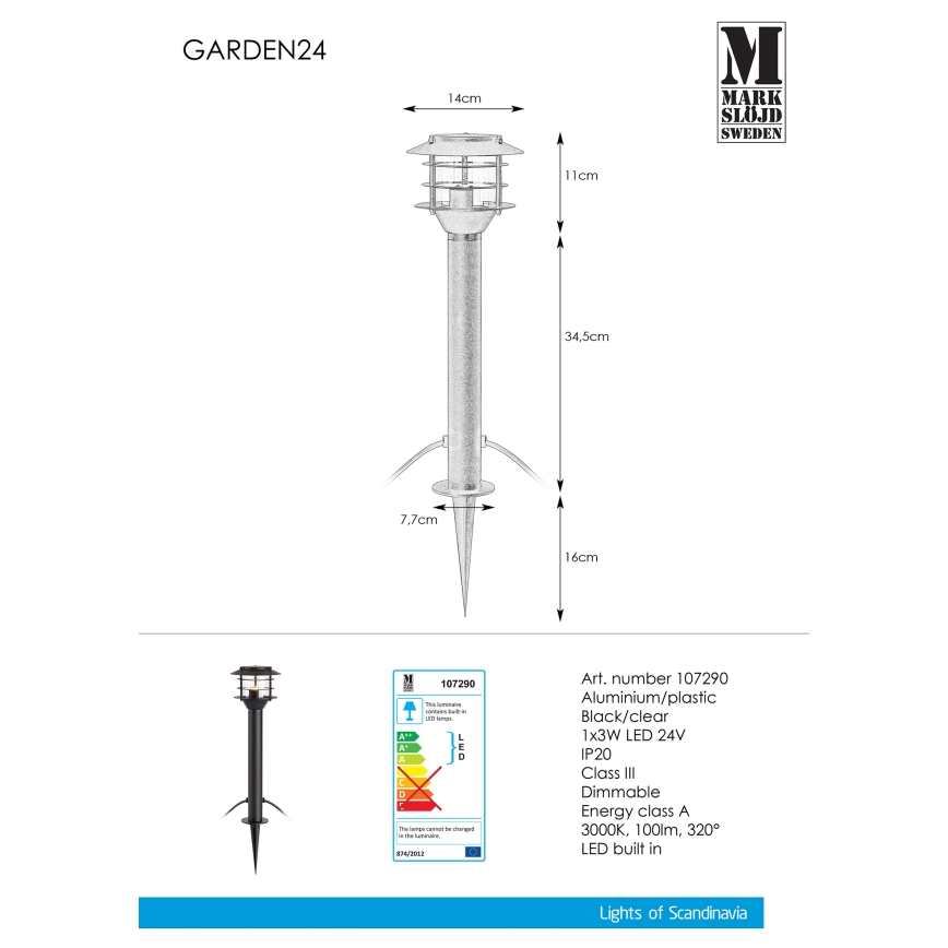 Markslöjd 107290 - Lámpara LED de exterior GARDEN 24 LED/3W/24V 45 cm IP44 negro