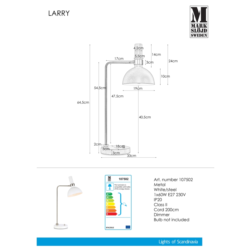 Markslöjd 107502 - Lámpara de mesa regulable LARRY 1xE27/60W/230V