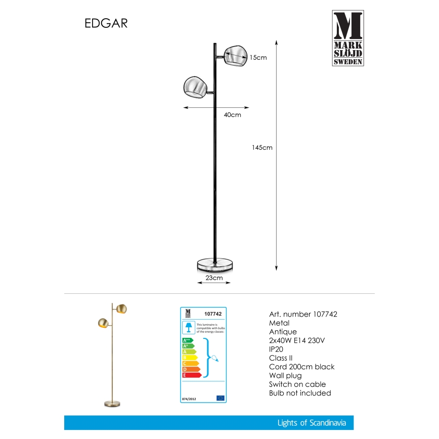 Markslöjd 107742 - Lámpara de pie EDGAR 2xE14/40W/230V