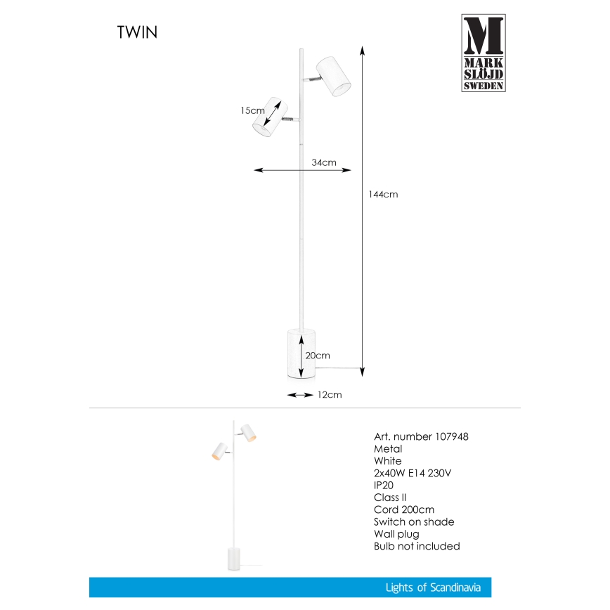 Markslöjd 107948 - Lámpara de pie TWIN 2xE14/40W/230V