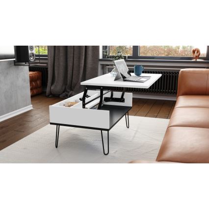 Mesa de centro con tablero elevable y estante HALIJA blanco/negro