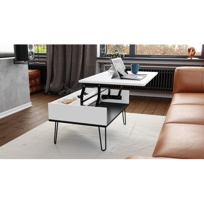 Mesa de centro con tablero elevable y estante HALIJA blanco/negro