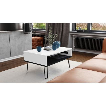 Mesa de centro con tablero elevable y estante HALIJA blanco/negro