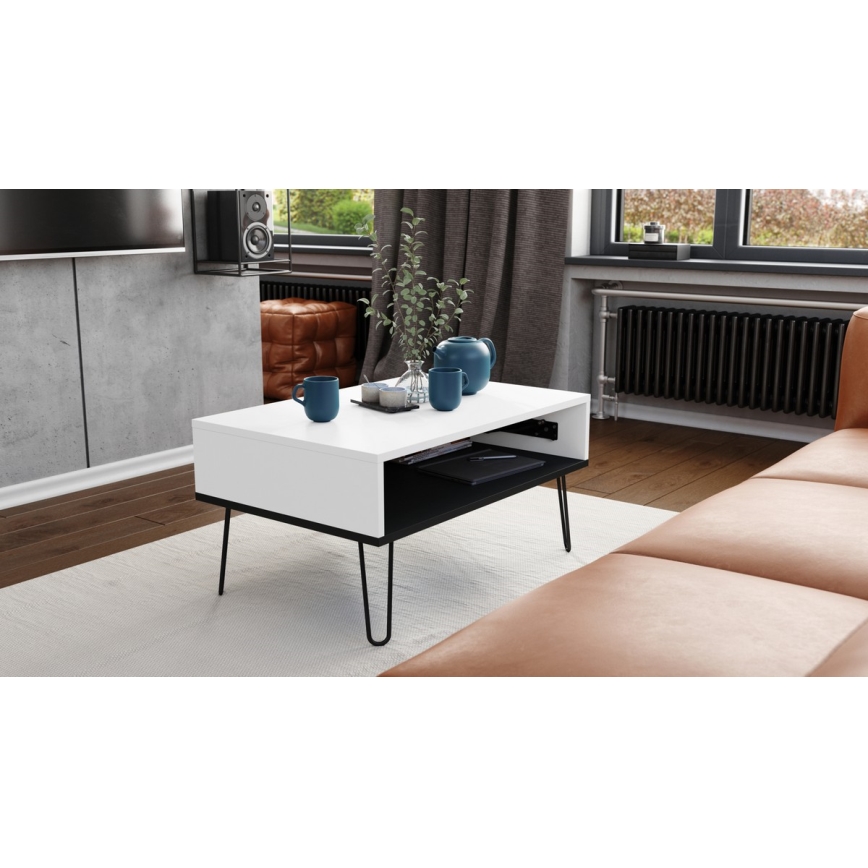 Mesa de centro con tablero elevable y estante HALIJA blanco/negro