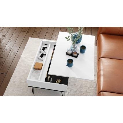 Mesa de centro con tablero elevable y estante HALIJA blanco/negro
