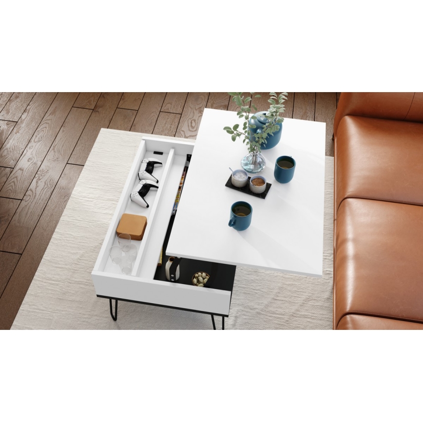Mesa de centro con tablero elevable y estante HALIJA blanco/negro