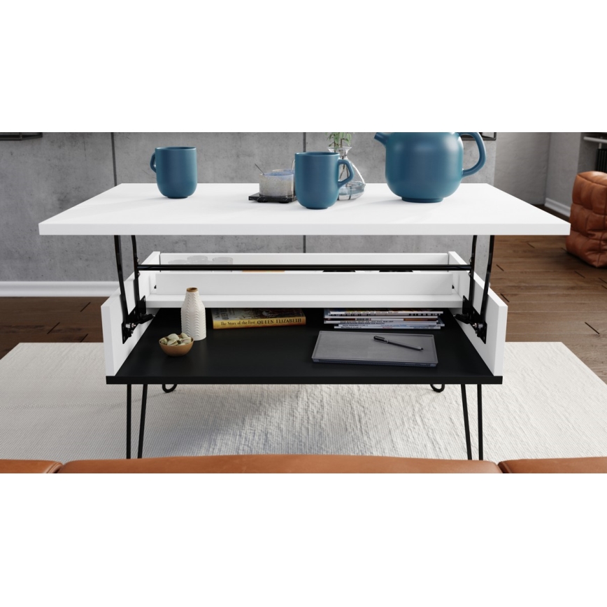 Mesa de centro con tablero elevable y estante HALIJA blanco/negro