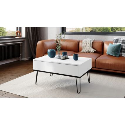 Mesa de centro con tablero elevable y estante HALIJA blanco/negro