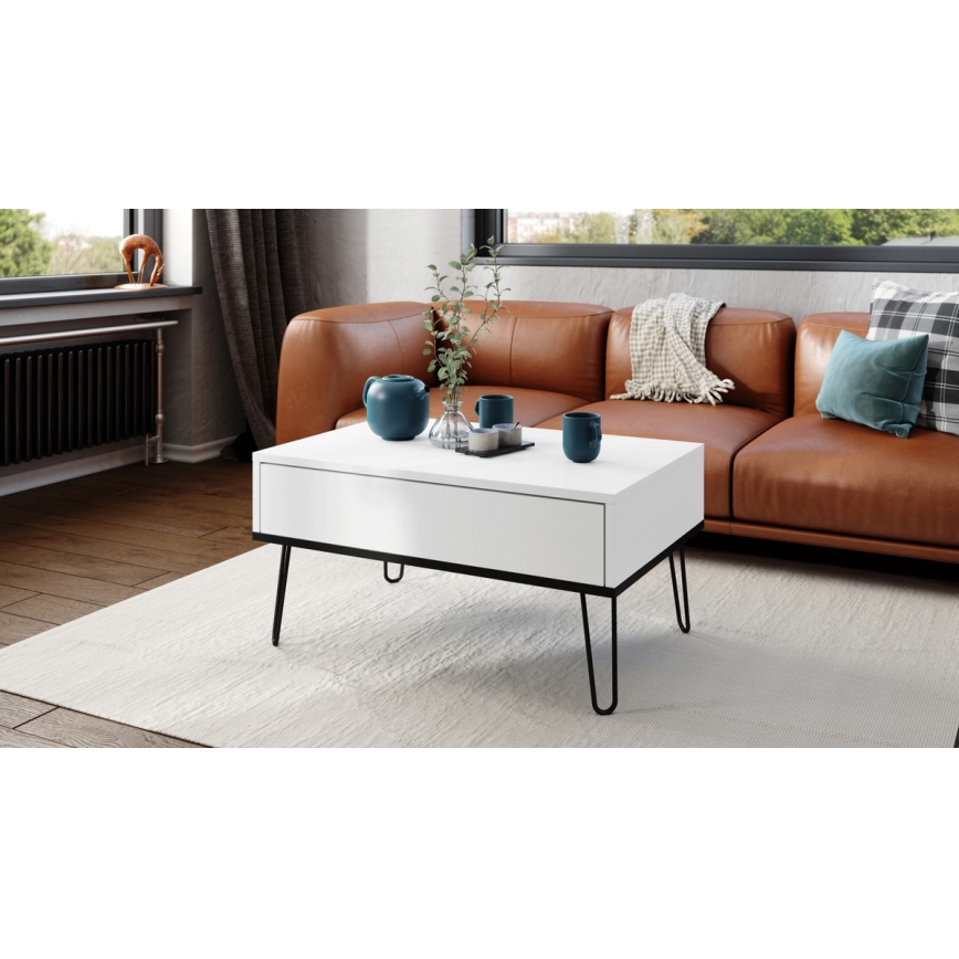 Mesa de centro con tablero elevable y estante HALIJA blanco/negro