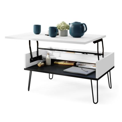 Mesa de centro con tablero elevable y estante HALIJA blanco/negro