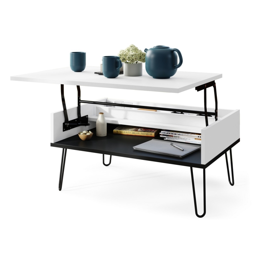 Mesa de centro con tablero elevable y estante HALIJA blanco/negro