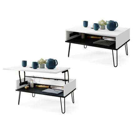 Mesa de centro con tablero elevable y estante HALIJA blanco/negro