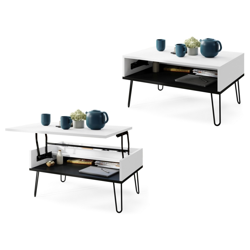 Mesa de centro con tablero elevable y estante HALIJA blanco/negro