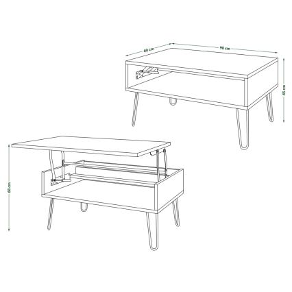 Mesa de centro con tablero elevable y estante HALIJA blanco/negro