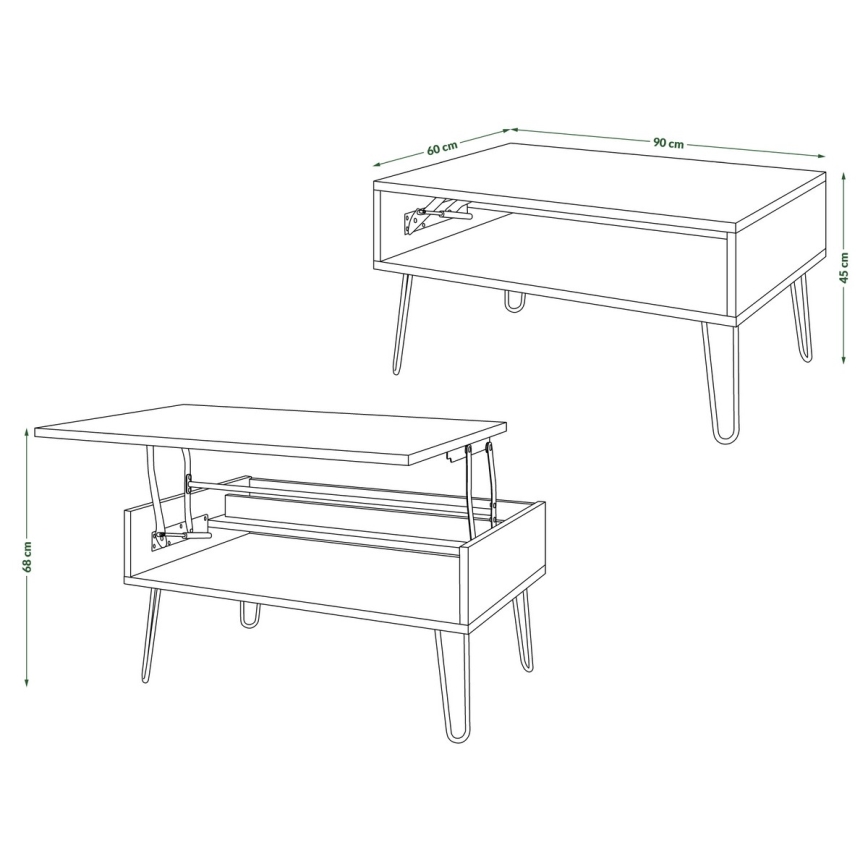 Mesa de centro con tablero elevable y estante HALIJA blanco/negro