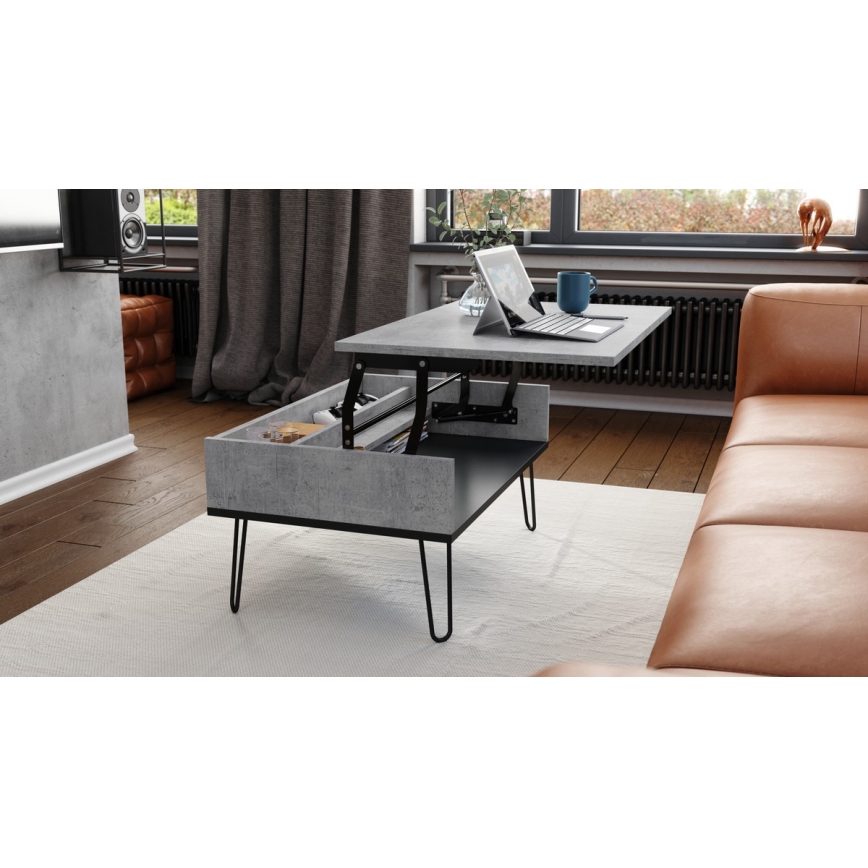 Mesa de centro con tablero elevable y estante HALIJA gris/negro