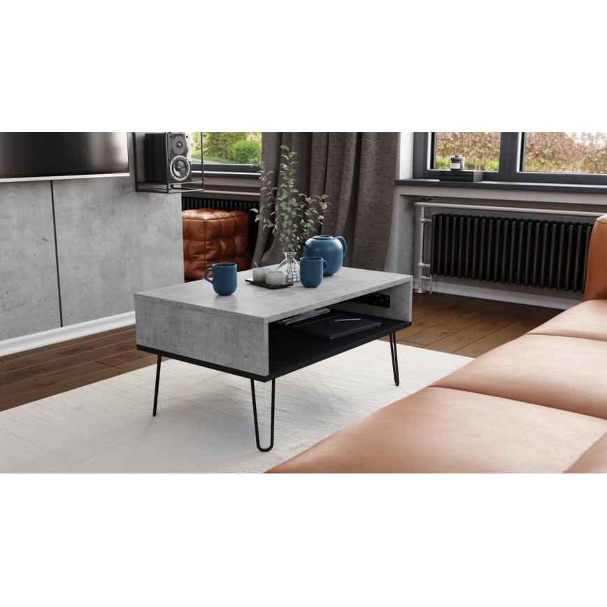 Mesa de centro con tablero elevable y estante HALIJA gris/negro