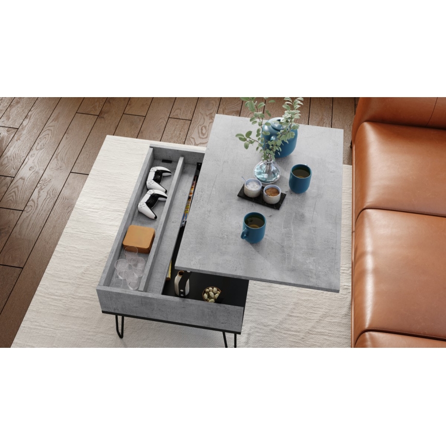 Mesa de centro con tablero elevable y estante HALIJA gris/negro
