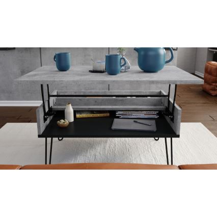 Mesa de centro con tablero elevable y estante HALIJA gris/negro