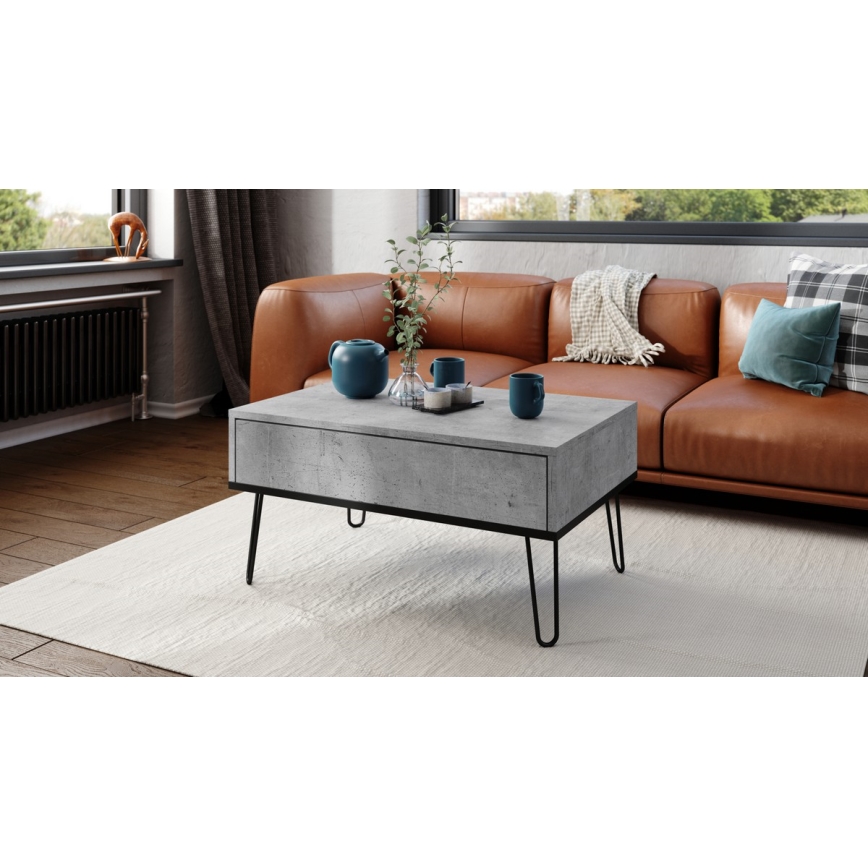 Mesa de centro con tablero elevable y estante HALIJA gris/negro