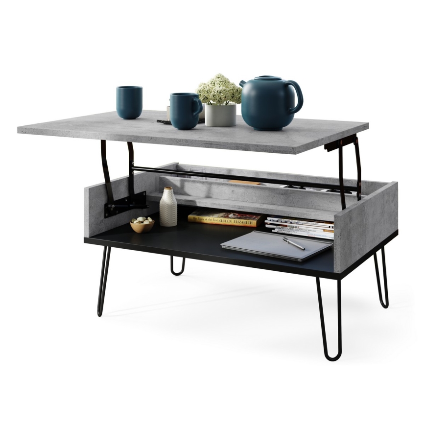 Mesa de centro con tablero elevable y estante HALIJA gris/negro