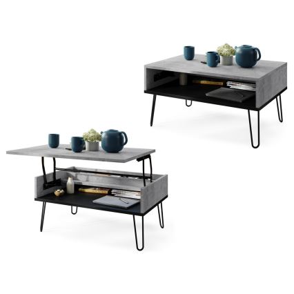 Mesa de centro con tablero elevable y estante HALIJA gris/negro