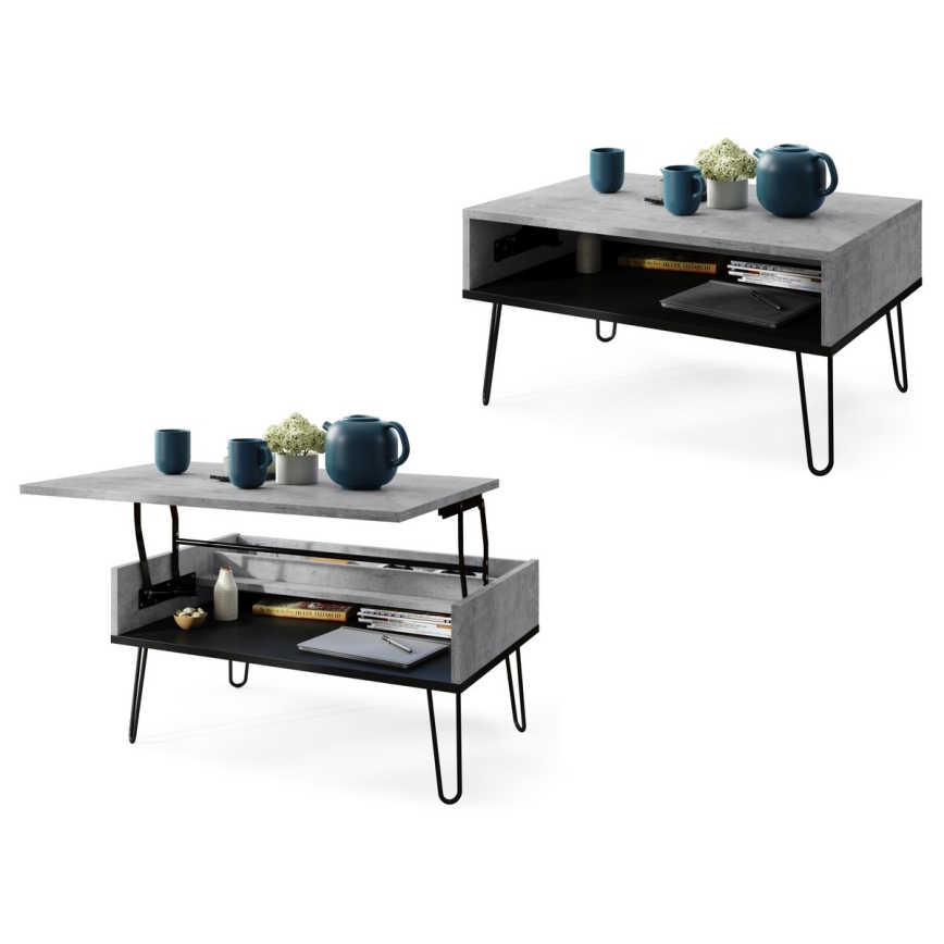 Mesa de centro con tablero elevable y estante HALIJA gris/negro