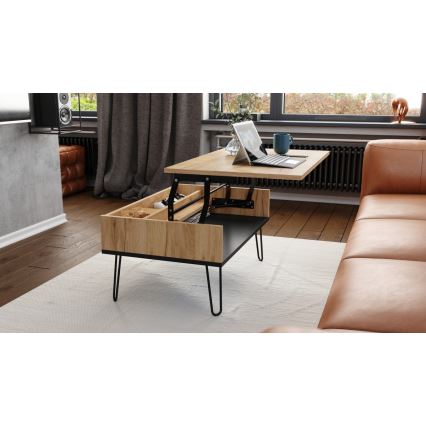 Mesa de centro con tablero elevable y estante HALIJA roble/negro