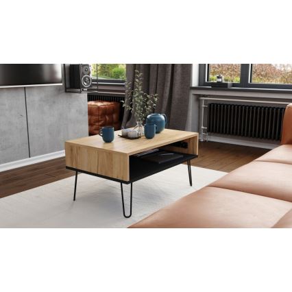 Mesa de centro con tablero elevable y estante HALIJA roble/negro