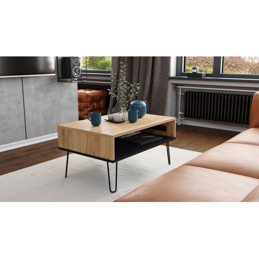 Mesa de centro con tablero elevable y estante HALIJA roble/negro