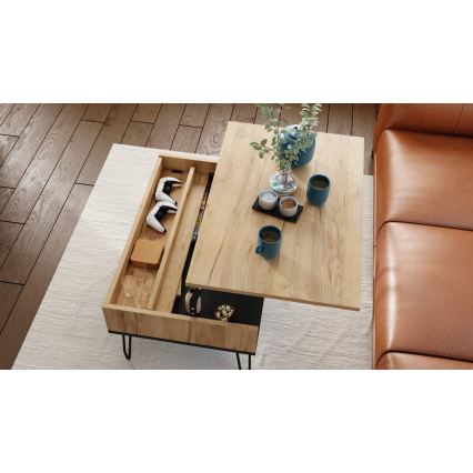 Mesa de centro con tablero elevable y estante HALIJA roble/negro