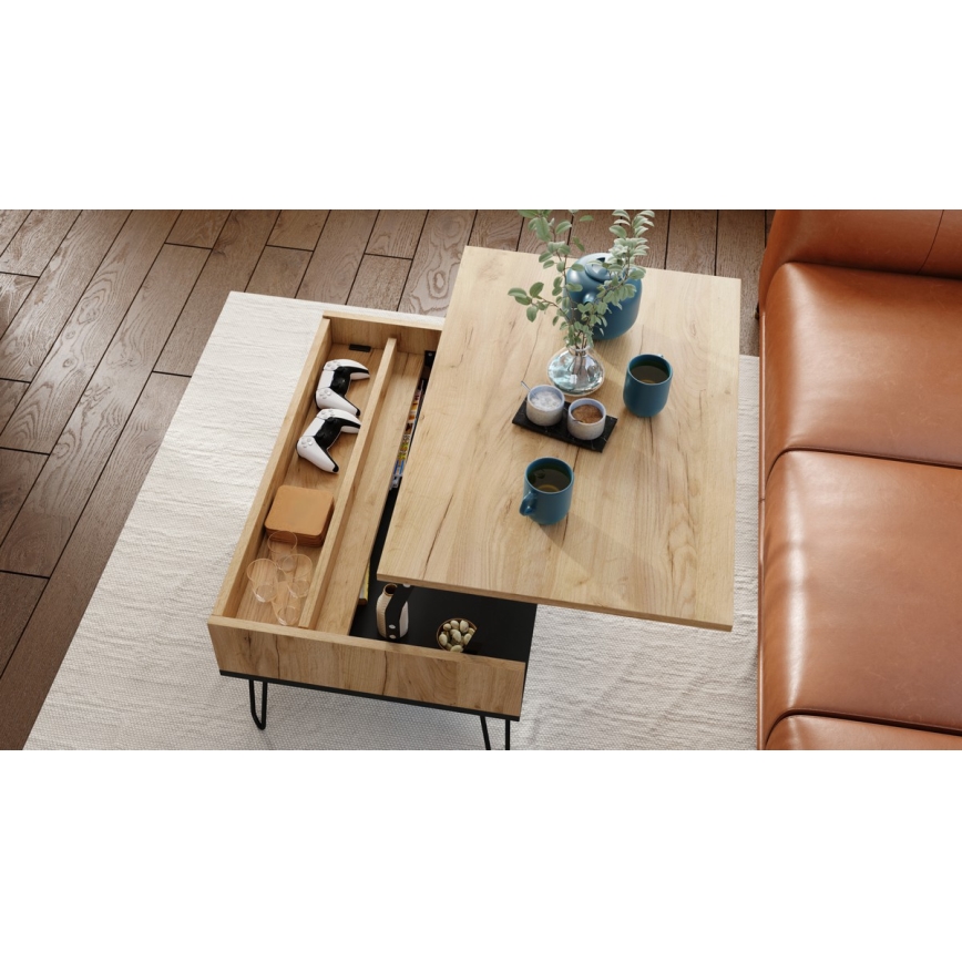 Mesa de centro con tablero elevable y estante HALIJA roble/negro