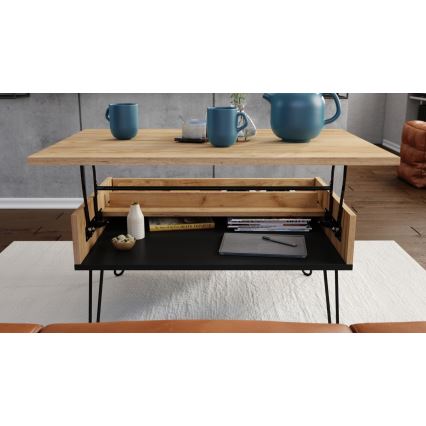 Mesa de centro con tablero elevable y estante HALIJA roble/negro