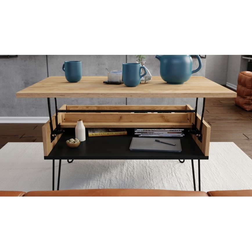 Mesa de centro con tablero elevable y estante HALIJA roble/negro