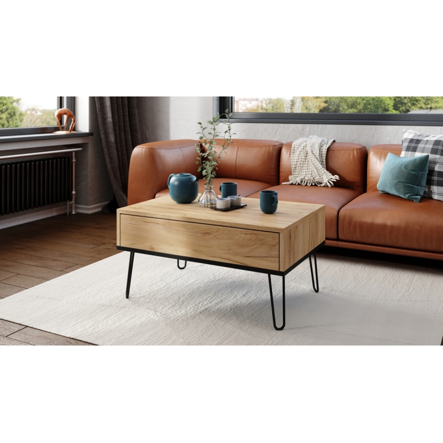 Mesa de centro con tablero elevable y estante HALIJA roble/negro