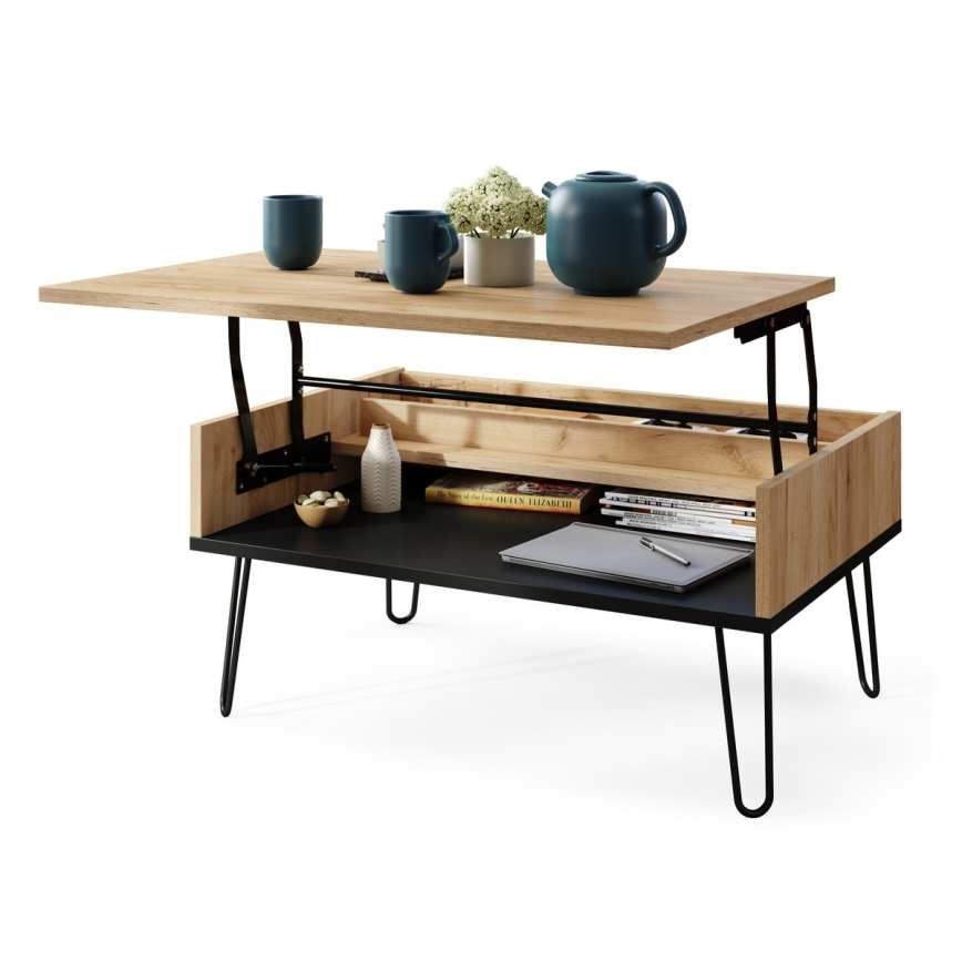 Mesa de centro con tablero elevable y estante HALIJA roble/negro