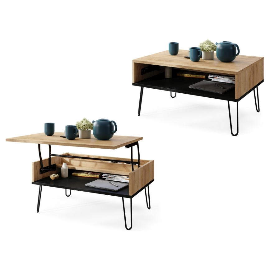 Mesa de centro con tablero elevable y estante HALIJA roble/negro