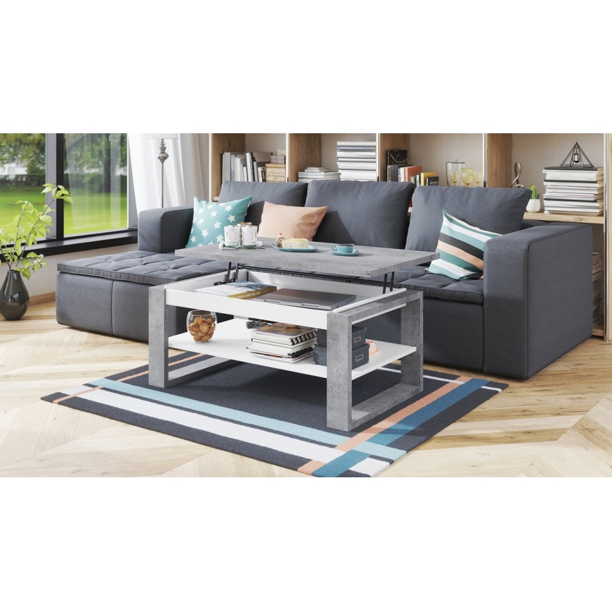 Mesa de centro con tablero elevable y estante NEA gris/blanco