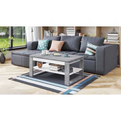 Mesa de centro con tablero elevable y estante NEA gris/blanco