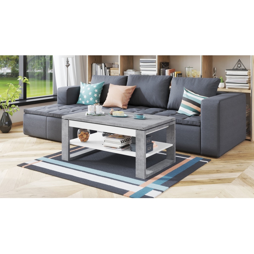 Mesa de centro con tablero elevable y estante NEA gris/blanco