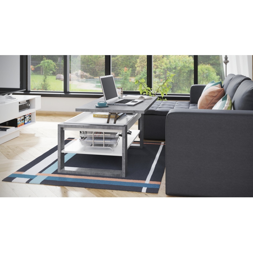 Mesa de centro con tablero elevable y estante NEA gris/blanco